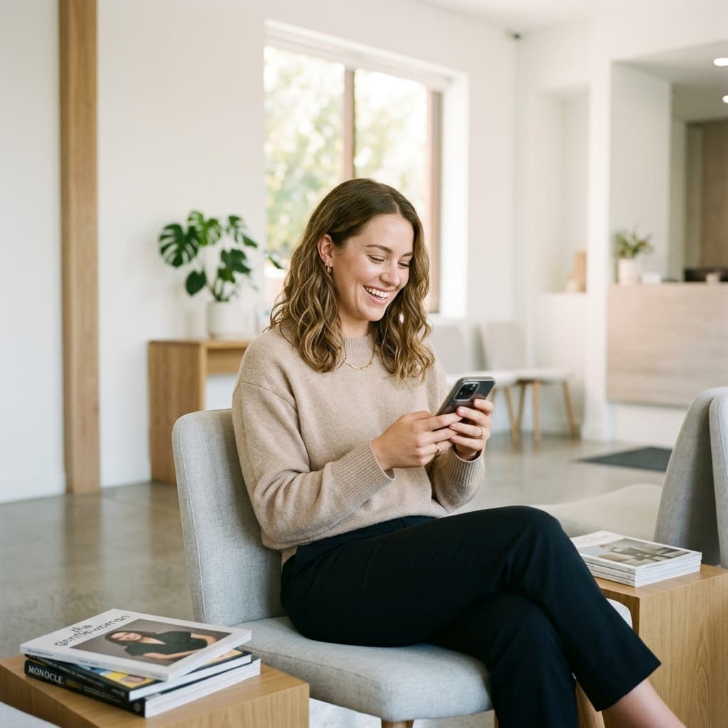 Patient relaxed in a modern dental waiting room