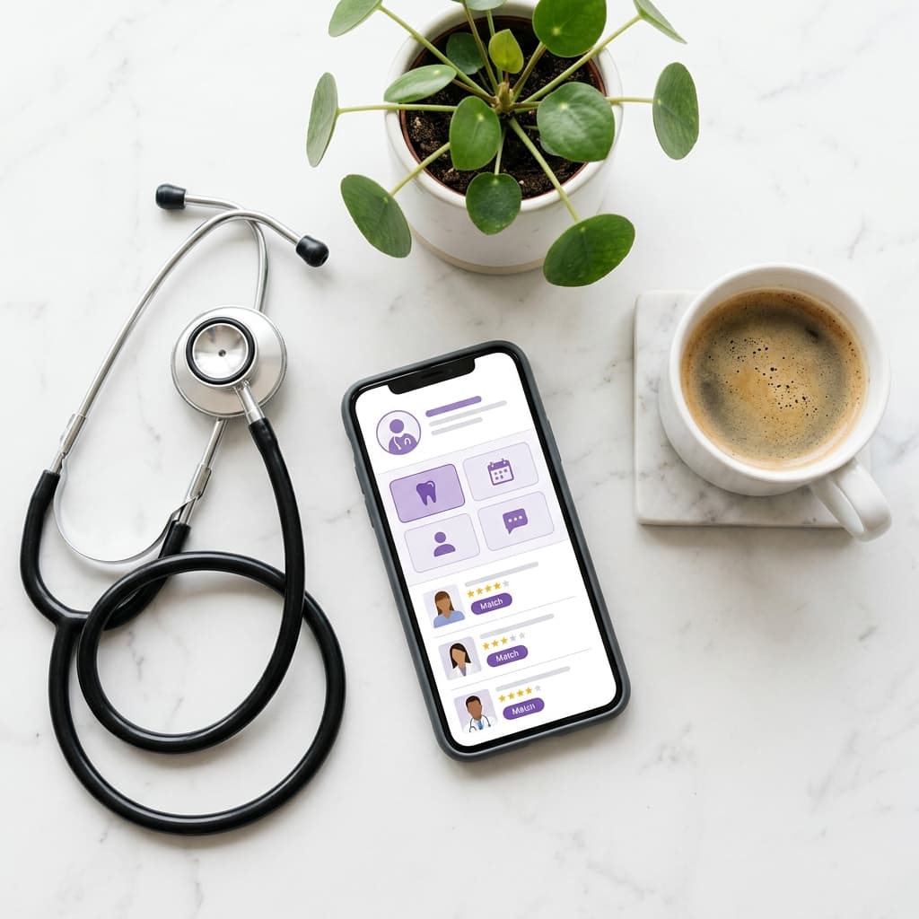 Phone showing dental app alongside stethoscope and coffee